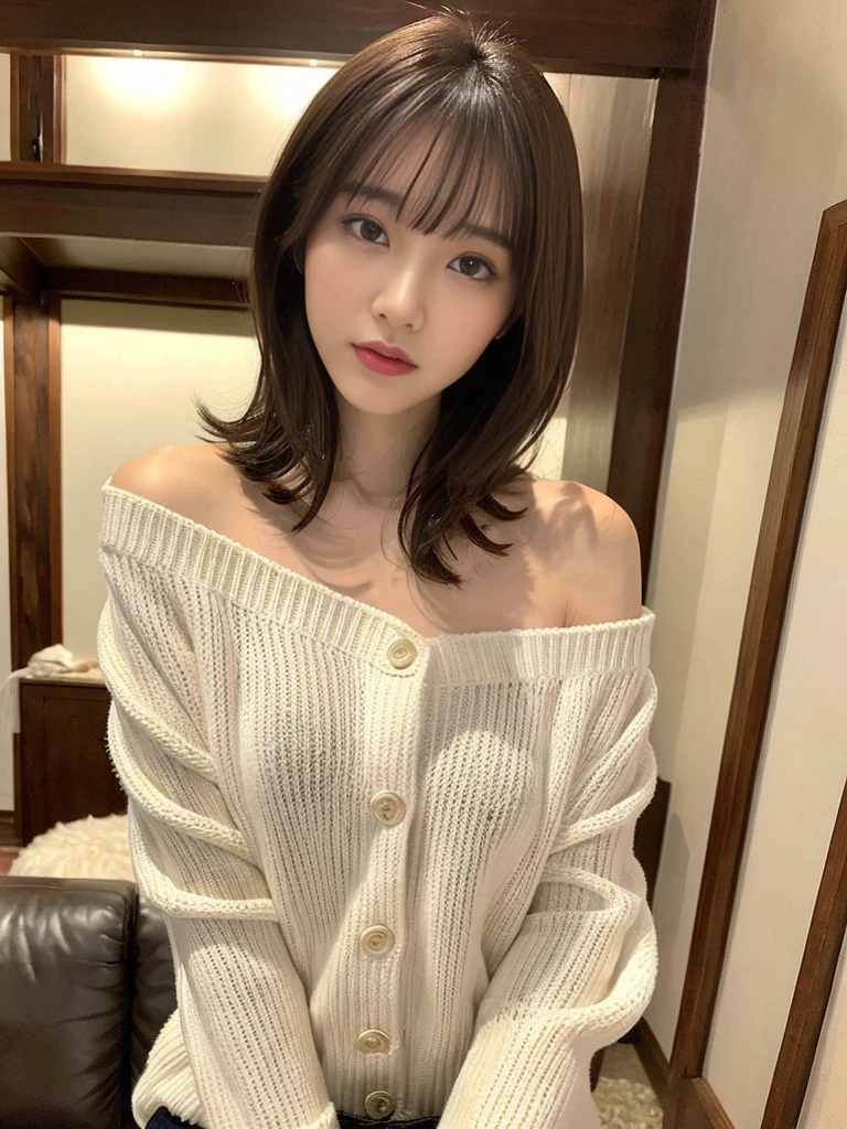 (top-quality、8k、32K、​masterpiece、uhd:1.3)、Glamorous Japan Woman Photography、one girls、Medium hair:(inside the house、natta:1.2)、hyperdetailed face、detailed lips、A detailed eye、double eyelid、、huge-breasted、nipples protruding、((off shoulders、White knitwear、bending forward、Kamimei))