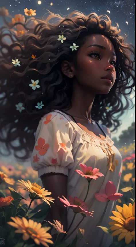 (masterpiece, best quality)There is a black girl ((dark skin)) wavy windblown hair, detailed face, standing in a flower field lo...