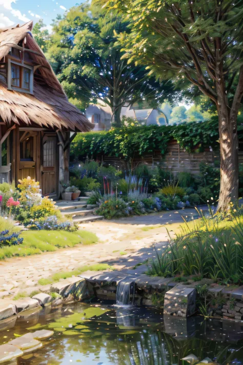 Create a simple and peaceful village scene nestled in the countryside. Envision quaint cottages with thatched roofs surrounded b...