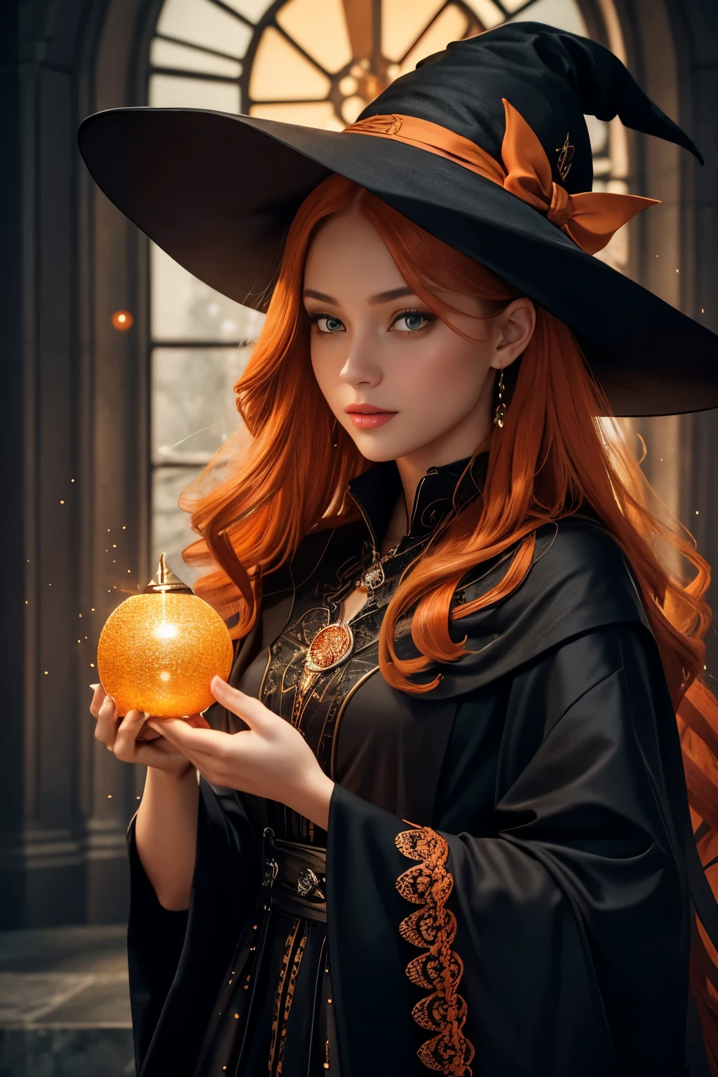 “In this captivating image, a beautiful young witch with radiant orange eyes comes to life in stunning detail and high definition.The enchanting witch appears, radiating magical beauty, her orange eyes sparkling with a captivating sparkle. Her facial features reflect a unique beauty and extraordinary beauty. Her eyes sparkle with a dazzling sparkle, giving her a mysterious and beautiful charm.The intricate details showcase the beauty and elegance of her youth, emphasizing the bright orange eyes. The image is designed with extreme precision and high resolution, allowing every detail to be seen with stunning clarity.This photo represents a unique moment that embodies beauty and magic.