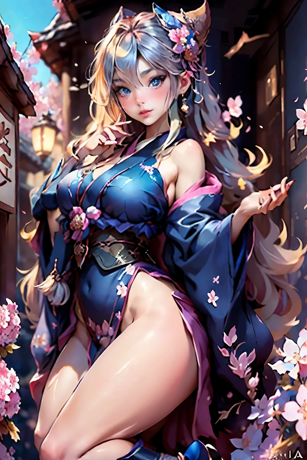全身,完整计划,SFW,画中的俄罗斯女神公主是一位艺伎，有着明亮的蓝色大眼睛和蓬松的北欧长睫毛，身材完美优雅，一头蓬松的长波浪发，呈明亮的小麦色，在小巷中茁壮成长，背景是盛开的日本粉色樱花，身着鲜艳的海军蓝色和服，日本鞋也呈现出鲜艳的海军蓝色, 女孩的蕾丝和服图案精美，带有超短的直率剪裁..., 透过布料可以看到凸起的小乳房，女孩的耳朵上戴着漂亮的耳环，耳环上镶着珍贵的海军蓝蓝宝石，在灯光下闪闪发光... 女孩所在的土地上散落着樱花..., 场景极具艺术性, 高分辨率, 锐利的焦点, Migjorni-V5艺术风格, 超写实主义, 完美的比例, 黄金比例的照片, 拐杖, 轮廓, 阳光, 柔和的光泽, 柔焦, 通过单片眼镜实现照片式平滑对焦.