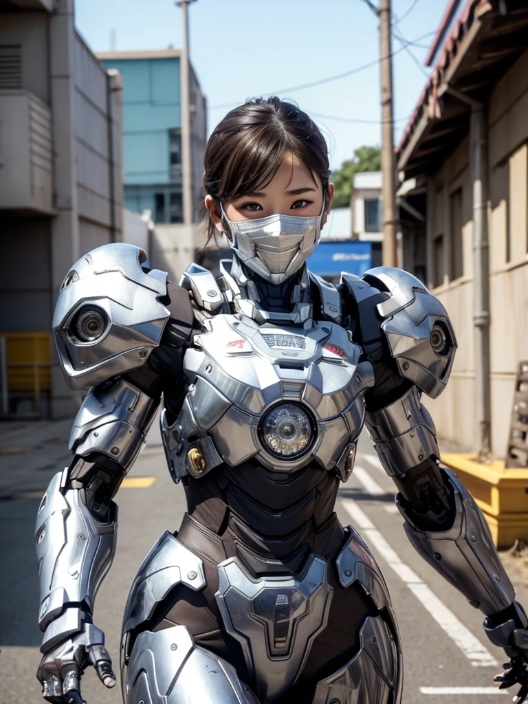 Textured skin, Super Detail, high details, High quality, Best Quality, hight resolution, 1080p, hard disk, Beautiful,(War Machine),beautiful cyborg woman,Mecha Cyborg Girl,Very Shorthair、sweaty brown eyes、sexy eye、a smile　embarassed expression　Opening Mouth　Moist eyes　Junior high school girls　　(Fulll body Shot)Looks spicy　(The limit of patience)  Looking up　Full Face Mask