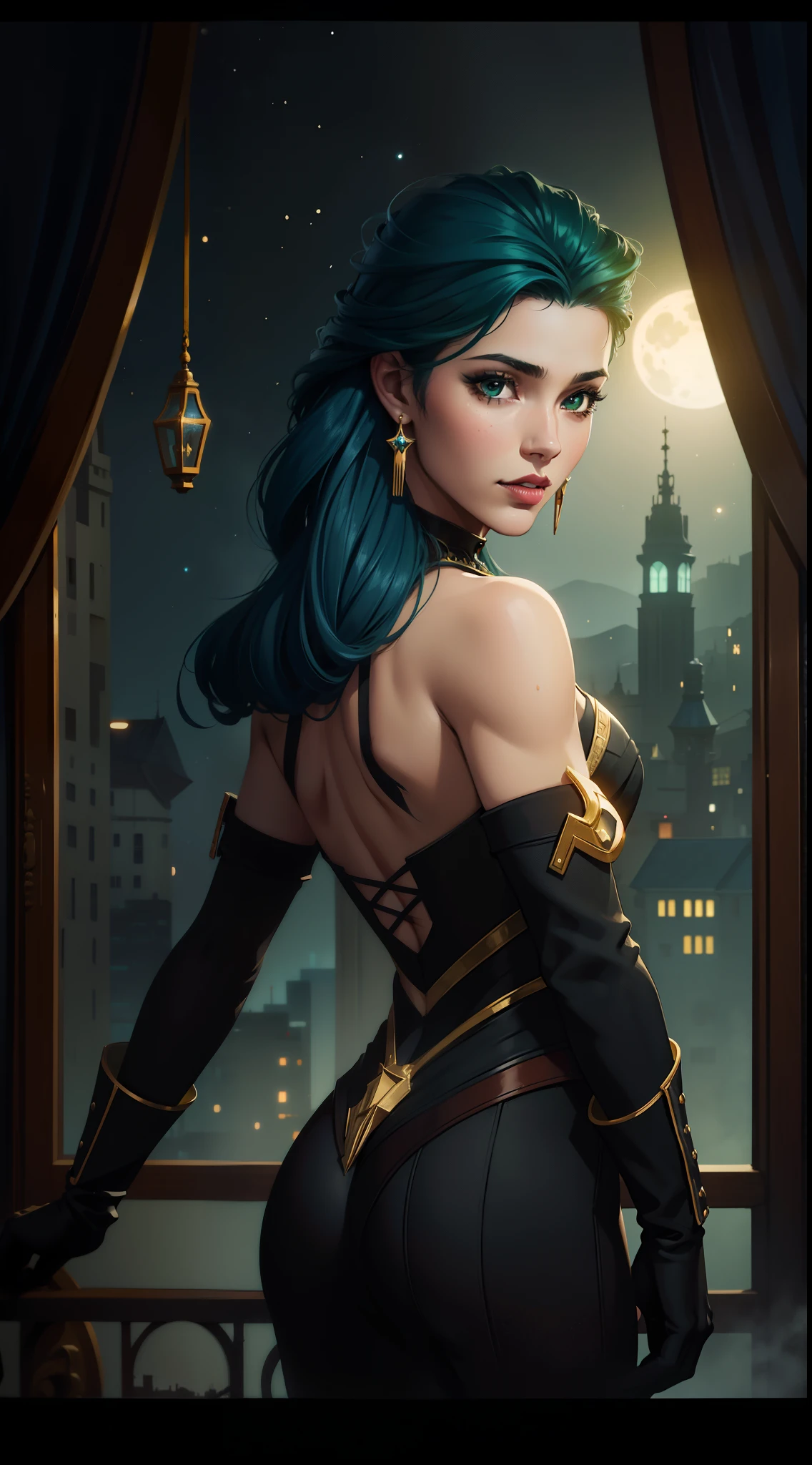 1girl, anus, ass, black hair, blurry, blurry background, censored, city lights, cityscape, depth of field, earrings, elbow gloves, full moon, jewelry, lips, lipstick, looking at viewer, looking back, makeup, mole, moon, night, night sky, presenting, pubic hair, , sky, skyscraper, solo, star \(sky\), starry sky, window, juventude colorida：Menina de 25 anos, cabelo de dreads verde, oil painted, rosto perfeito, rosto perfeito, imagem intrincada, Tons de verde，Cor vermelha clara adicionada, 8K resolution，ArtStation Pintura Digital, it's smooth and a lot of black ink flow ：Obra-prima fotorrealista：pintura de guache fluido intrincadamente detalhada：Escrito por Brunna Mancuso：caligrafia：propileno：arte em aquarela，fotografado profissionalmente，natural lighting，Photographic illustration of minimalist volumetric lighting：Escrito por Marton Bobzert： intrincado，Ellegance，Alastrando， magical dream，cabelo em chamas，cheio de vida