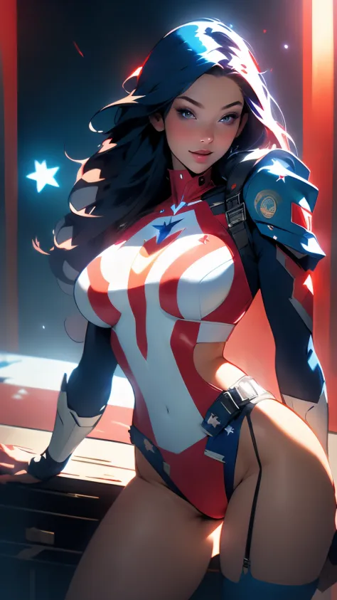 ((Best quality)), ((masterpiece)), (detailed: 1.4), Absurd, Captain America, war-ready brunette woman soldier, back, perfect ass...