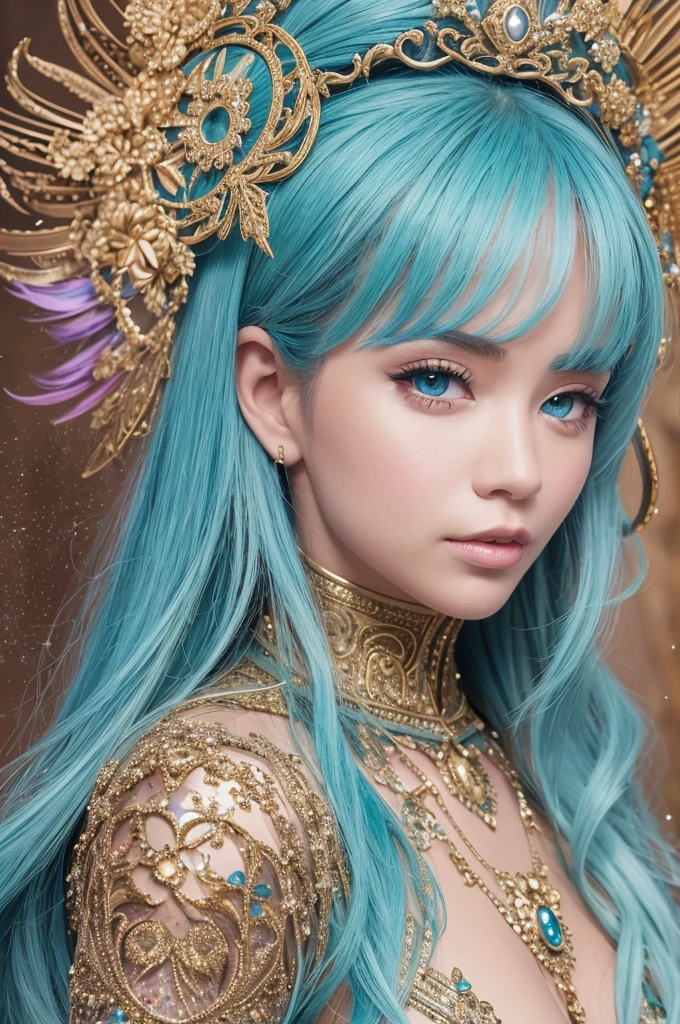 (best quality,4k,8k,highres,masterpiece:1.2),ultra-detailed,(realistic,photorealistic,photo-realistic:1.37),detailed eyes and face,longeyelashes,a girl with rainbow-colored hair and a detailed teal dress adorned with armor,an elaborate pose,a background of rainbow-colored nebulae and galaxies,twinkling stars, intricate details,a perfect face