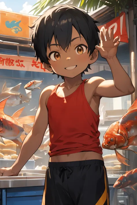 A 10-year-old boy stands in front of a fish stall., Brown-skinned、Black shorthair、Red Tank Top、Raising arms and waving,a smile、 ...