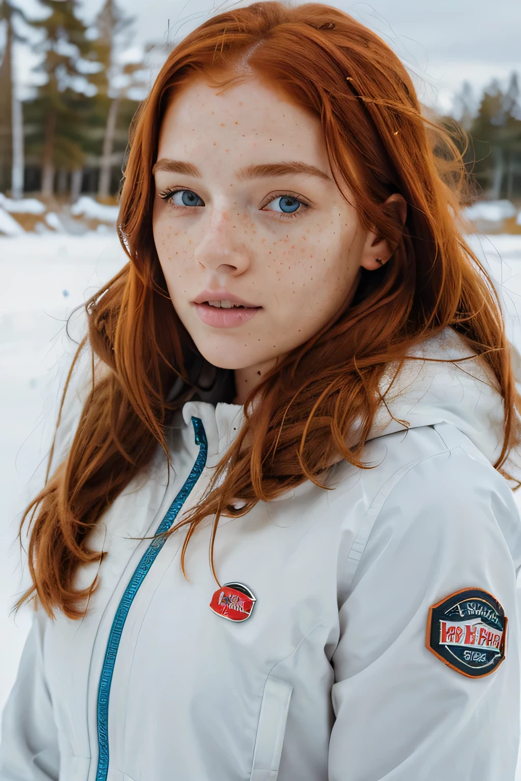 A close up of a woman with red hair wearing a white jacket - SeaArt AI