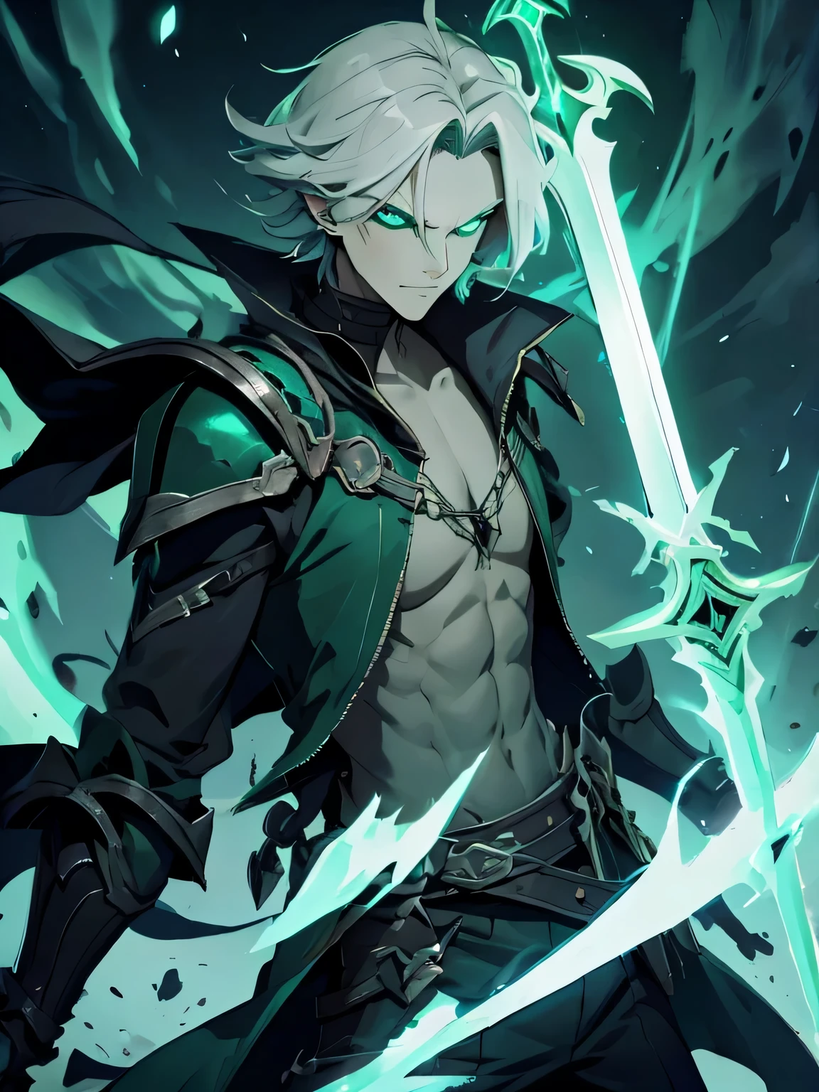 Necromancer, young man, gray hair, green eyes, total power, skinny, two swords on back, green jacket, green fog, tower, green lightning, 
sly smile, dream for life, the best quality, portrait