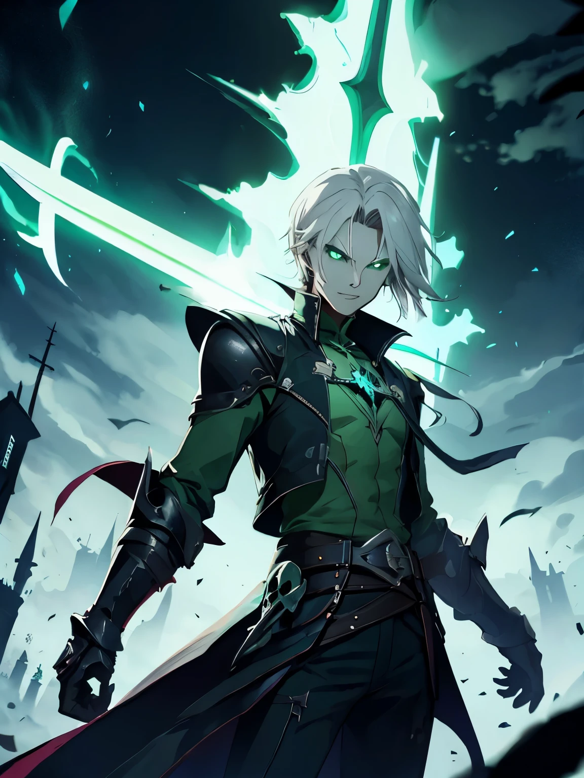Necromancer, young man, gray hair, green eyes, total power, skinny, two swords on back, green jacket, green fog, tower, green lightning, 
sly smile, dream for life, the best quality, portrait