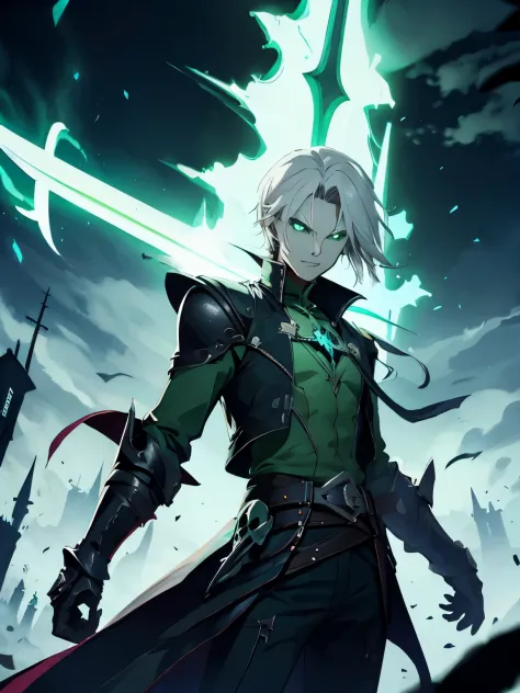 Necromancer, young man, gray hair, green eyes, total power, skinny, two swords on back, green jacket, green fog, tower, green li...