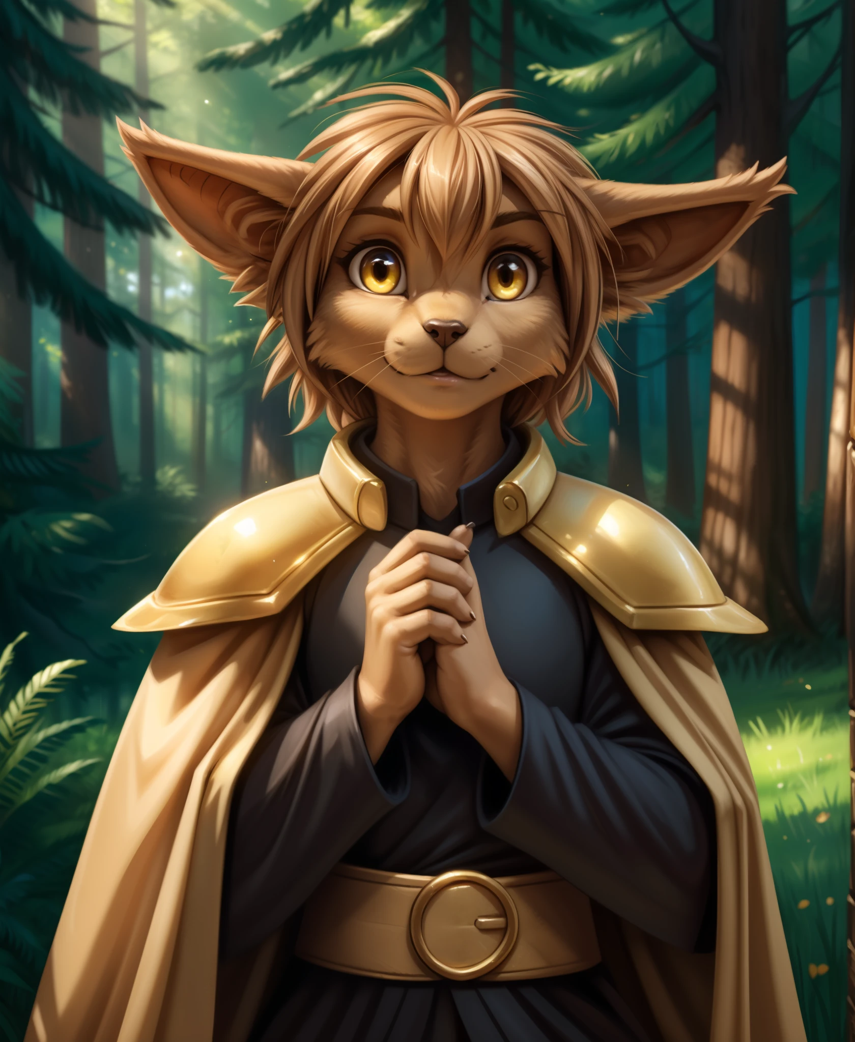 by kenket, by totesfleisch8, (by thebigslick, by silverfox5213:0.8), (by syuro:0.2),,  madelyn-adelaide , Madelyn Adelaide,  twokinds, (best quality, masterpiece:1), solo, furry female anthro, yellow eyes, short hair, light brown hair, portrait, finger claws, looking at viewer, tail, ear raised, medium hair, long ears, (outdoors dark forest trees blurry blurred background:1.1), black shirt, yellow cape,, armor, pauldron, cloak