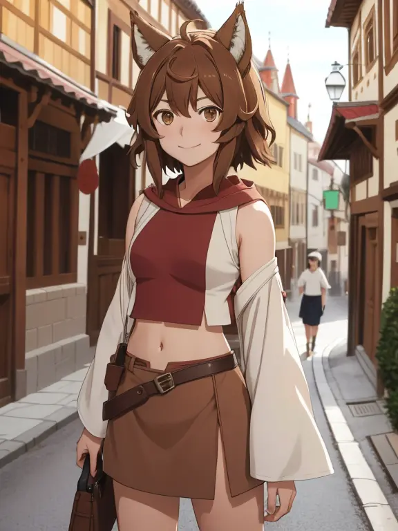 (anime screen cap,
1girl in, Upper body, Brown hair, Closed mouth,Smile, Midriff,  Brown eyes, Solo,Short hair,  mid-chest tuck ...