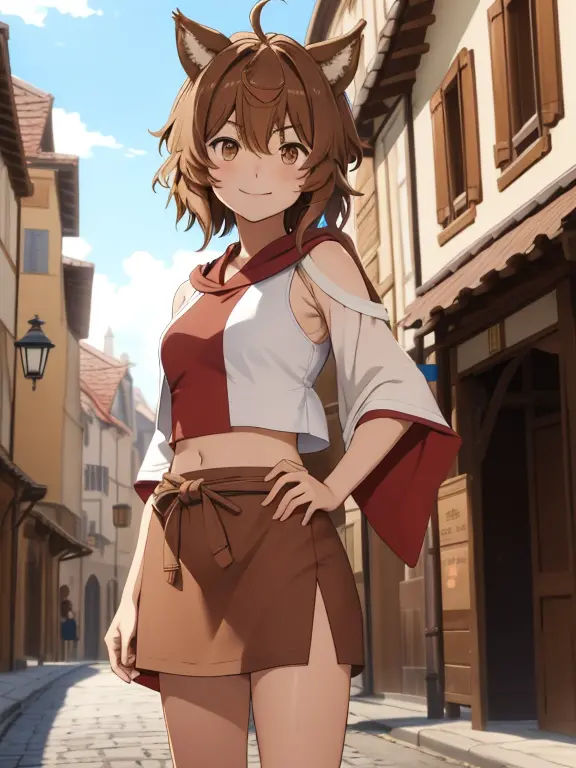 (anime screen cap,
1girl in, Upper body, Brown hair, Closed mouth,Smile, Midriff,  Brown eyes, Solo,Short hair,  mid-chest tuck ...