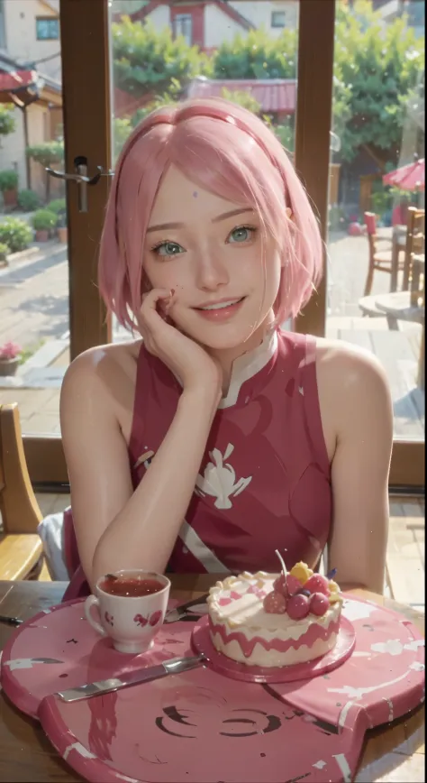 beautiful sakura haruno , pink hair girl, adolable , 15 year old girl, sitting at the dining table, Birthday cake on the table, ...