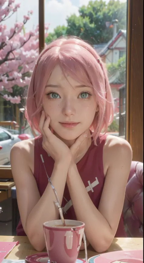 beautiful sakura haruno , pink hair girl, adolable , 15 year old girl, sitting at the dining table, Birthday cake on the table, ...