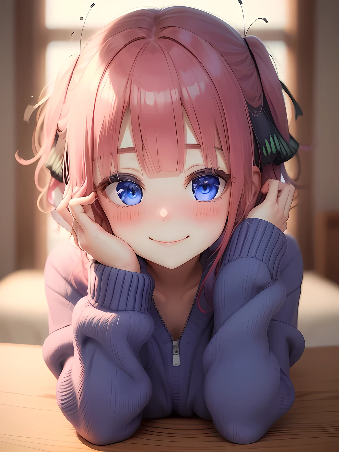 masterpiece, best quality, 1girl, solo, (looking at viewer), eye focus, Nino, (immense blush), (closed smile), (cute face), (sexy face), (blue eyes)