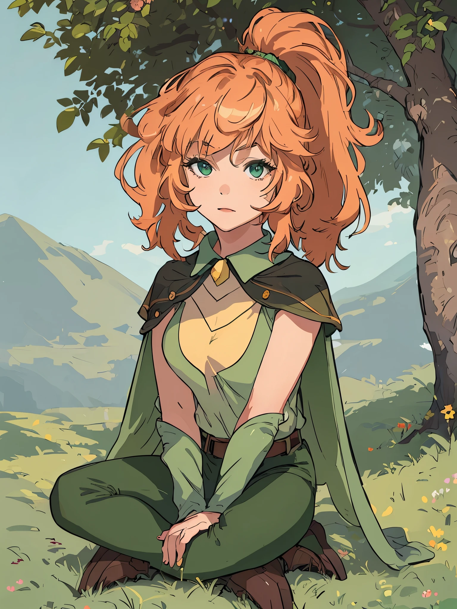 masterpiece, best quality,
1girl, full body, sitting, (crossed legs:1.2), ponytail, hand between legs, on ground.
forest, flower, wind,
windranger, lyralei, green eyes, green pants, green cape,