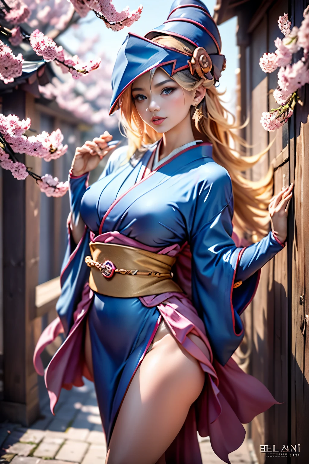 cuerpo completo,Plan completo,SFW,The Russian goddess princess in the picture of a geisha with big bright blue eyes and long fluffy Nordic type eyelashes with a perfect elegant figure and very long fluffy wavy hair of bright wheat color is in full growth in the alley against the background of Japanese pink sakura blooming in bright navy blue kimono color and Japanese shoes gain a bright navy blue color, The girl's lace kimono is intricately patterned with ultra-short frank cutouts..., Small breasts with protrusion are visible through the fabric and on the girl's ears there are beautiful earrings with precious navy blue sapphires that shine and shine in the light... The soil on which the girl is located is strewn with cherry blossoms..., The scene is highly artistic, High resolution, foco nítido, Migjorni-V5 artistic style, hiperfotorrealismo, proporciones perfectas, Photo of the golden ratio, Bengala, contorno, luz del sol, brillo suave, enfoque suave, Photo-style smooth focus through a Monocle lens.