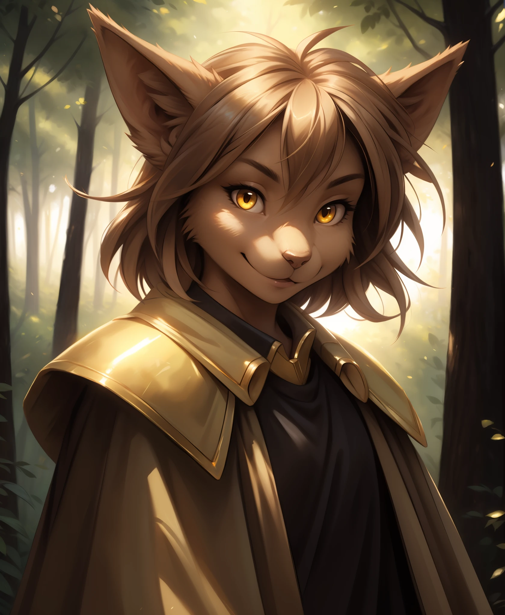 by kenket, by totesfleisch8, (by thebigslick, by silverfox5213:0.8), (by syuro:0.2),,  madelyn-adelaide , Madelyn Adelaide,  twokinds, (best quality, masterpiece:1), solo, furry female anthro, yellow eyes, short hair, light brown hair, portrait, finger claws, looking at viewer, tail, ear raised, medium hair, long ears, (outdoors dark forest trees blurry blurred background:1.1), black shirt, yellow cape,, armor, pauldron, cloak