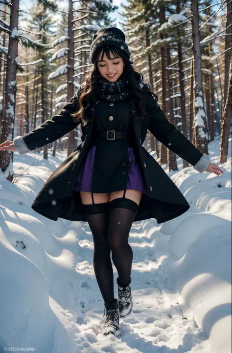 年轻 (((20 year old black girl))), wearing a stunning black and purple mrs.. claus costume, standing in a snowy forest. she has lo...