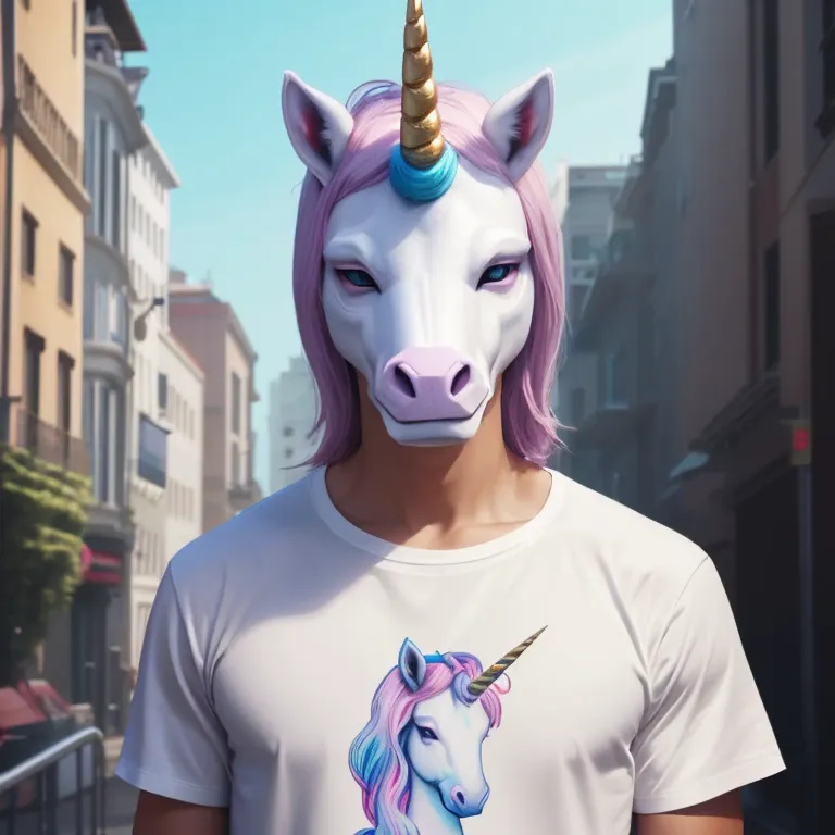 a man wearing a unicorn mask and a white t-shirt with a picture of a unicorn is looking at me..