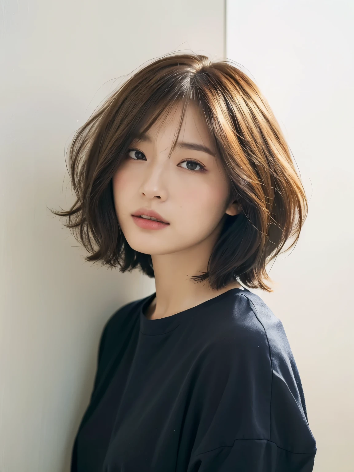 (Layered Haircut:1.2))、short wavy hair、8K、（Raw photography）、（top-quality）、（photorealistic：1.4）Realistic to the touch Realistic、(4Khigh-level image quality:1.2)、(High resolution, masutepiece, top-qualityの, high detailing, Official: 1.4), (Realistic: 1.2, hyper realistic: 1.1, photorealisticです: 1.37), depth of fields, (Detailed description of hair), (Detailed description of face), Incomparable beauty,, (35 years old,: 1.4)、slightly depressed、white walls、Taken in front of the white door、(white walls room with window)、natural soft light、short-hair、bobhairhair、reallistic、high-level image quality、hiquality、profile、assorted poses、profile、bobhair、Random Poses、Autumn clothes、Winter clothes、 Necklace