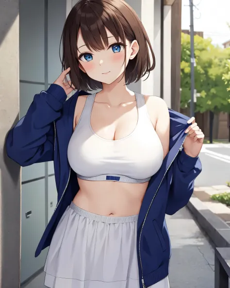 (((masterpiece))), ShizukaMikazuki, 1girl, solo, looking at viewer, short hair, brown hair, long sleeves, cleavage, medium breasts, closed mouth, collarbone, jacket, open clothes, open jacket, blue jacket, ground vehicle, sports bra, bicycle,