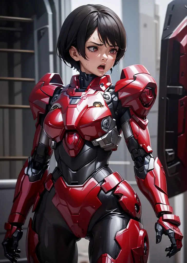 female iron man(red and black)、the sheen、short cut hair、textured skin, super detail, high details, high quality, best quality, h...