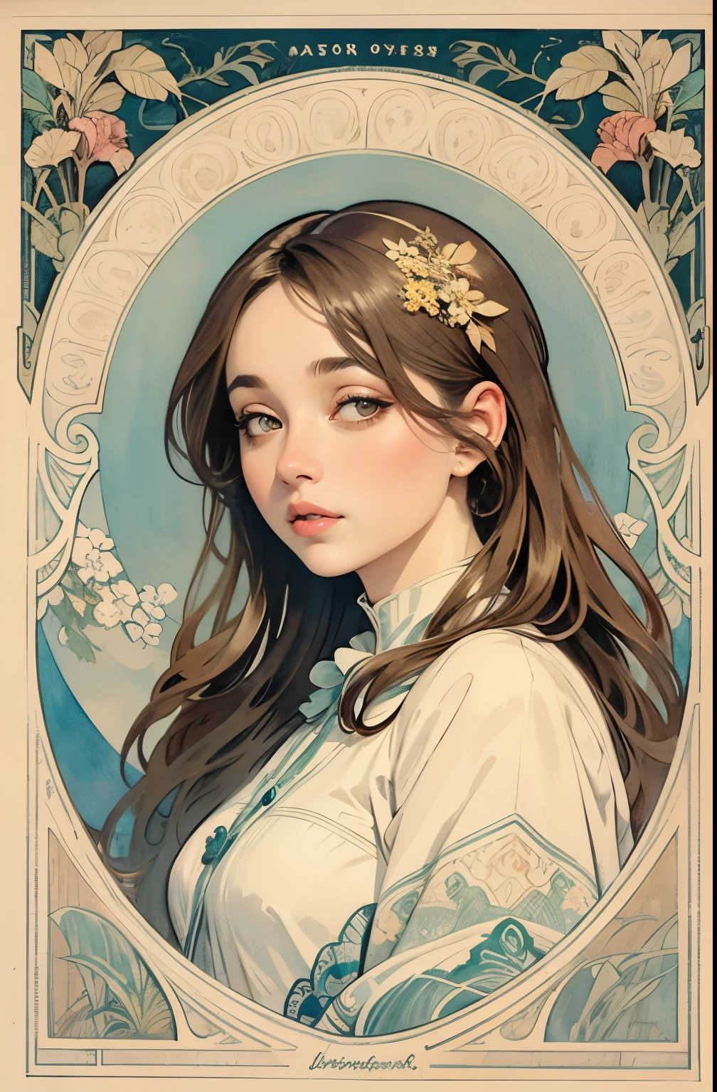 ((tmasterpiece)), (Best quality at best), (Cinematic),  Art Nouveau watercolor painting , lunar goddess  , large eyes, Long thick eyelashes, plump lips, dark red eye, Long hair is thick,  high ponytails, chubby, floral_background, Intricate designs and patterns in the style of Alphonse Mucha.