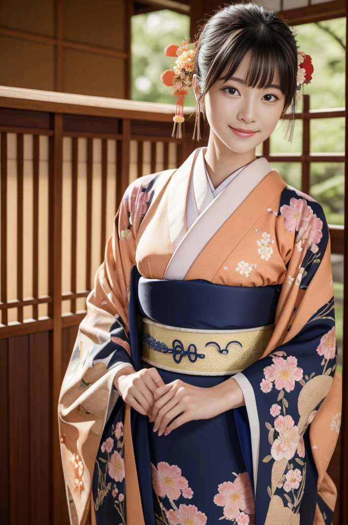 1 beautiful Japan model, 18-year-old female model,  4K、An ultra-high picture quality、bangss、A dark-haired、Kyo-Yuzen、(Kimono, Furisode、Floral pattern in Japanese style:1.5)、(Super cute face in idol style:1.4)、slim and beautiful figure、beutiful breast、A smile、full body Esbian:1.2、1 moon、