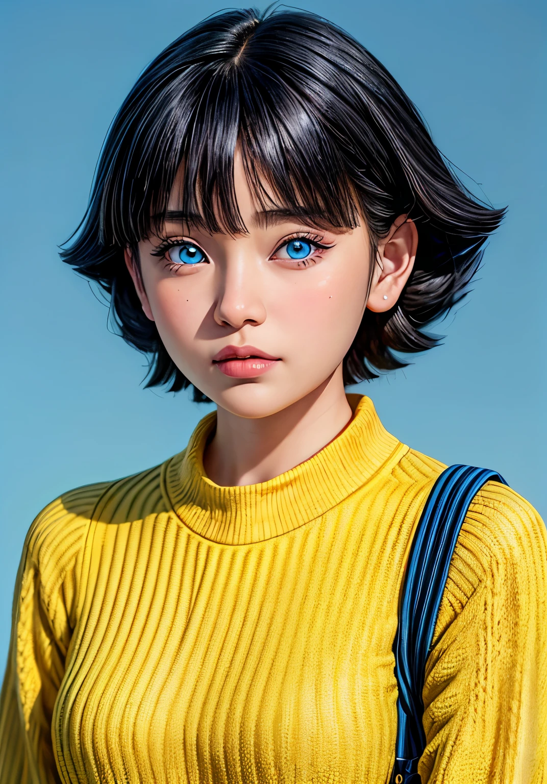 best,1girl ( Uzumaki Himawari ) , ( facial details ) , short hair ,details , age 18 femele ,plump body , yellow sweater outfit , teenager'face , cute face , hot  , anime to be realistic , detailed charakter images , high quality photo , beautiful thin make up very real , perffect character cool style , pretty teenager , HD photo model , simple background , details eyes , masterpiece , ornaments detailed , real life ,Best anime realistic ,1girl ,masterpiece ,from of a woman with long black hair and a , yellow sweater shirt, she has a distant expression, semi realistic anime, in an anime style, semirealistic anime style, she has black hair, in anime style, (blue eyes:1.3), blunt bangs ,quality detail ,perffect charakter real live , high detailed photos real ,anime from realistic ,photrait realism , super detail ,cute eyes , detail hair ,ultra high quality ,Hd resulition ,