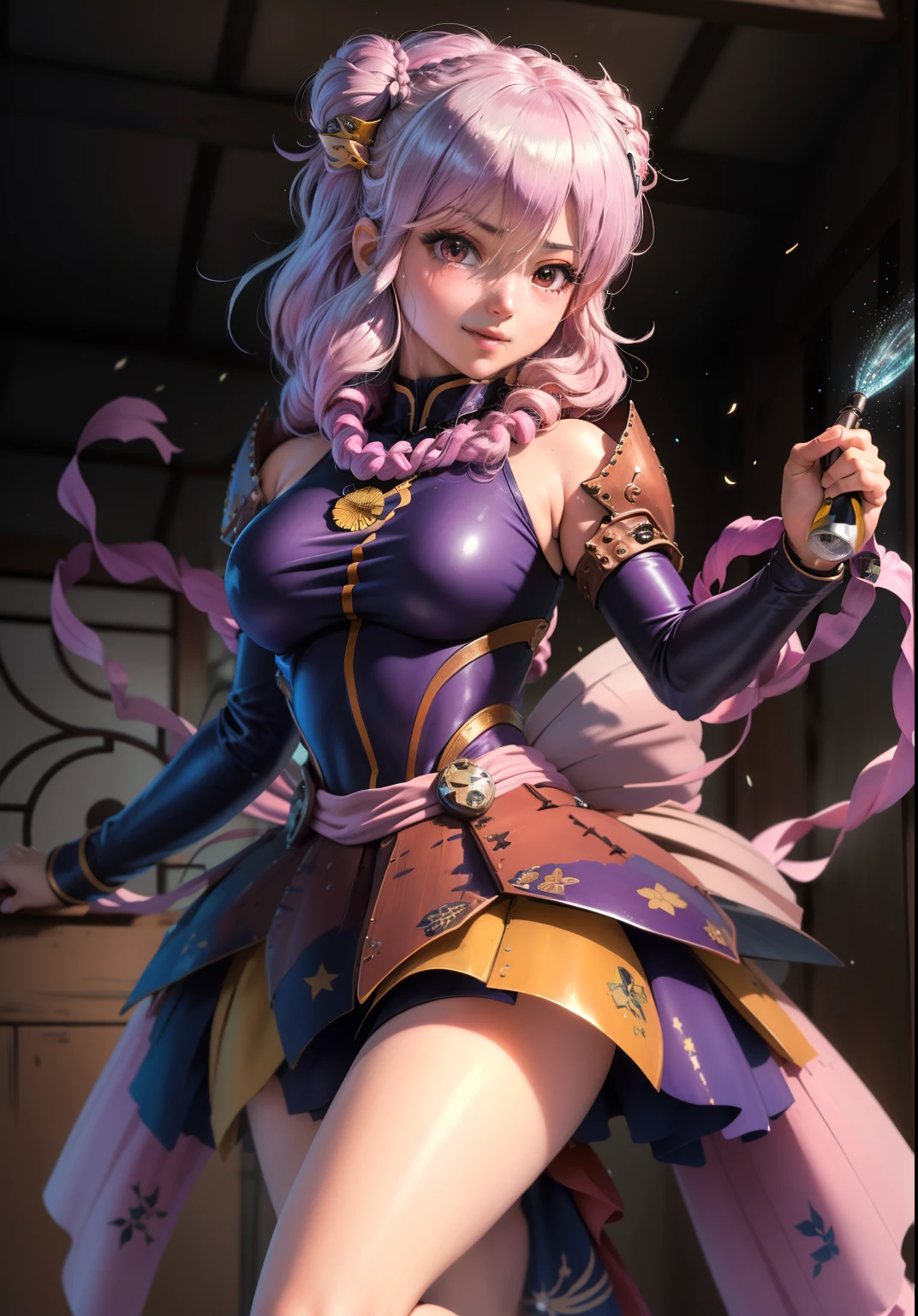 (shampoowaifu: 1), Beautiful, smile, pose casual, lilac hair,  provocative,challenging eyes, bright Eyes, chinese long suit, Red dress, riding bicycle, delivering food at home 

(realist: 1.2), (realism), (masterpiece: 1.2), (best detailed calidra), (8k, 4k, Intricate), (full body shot: 1), (85 mm), light particles, (Very detailed: 1.2), (detailed face: 1.2), (degraded), colorful and detailed lilac eyes

(Japanese Garden House)(detailed background), (Angle Dynamic: 1.2), (dynamic  pose: 1.2),