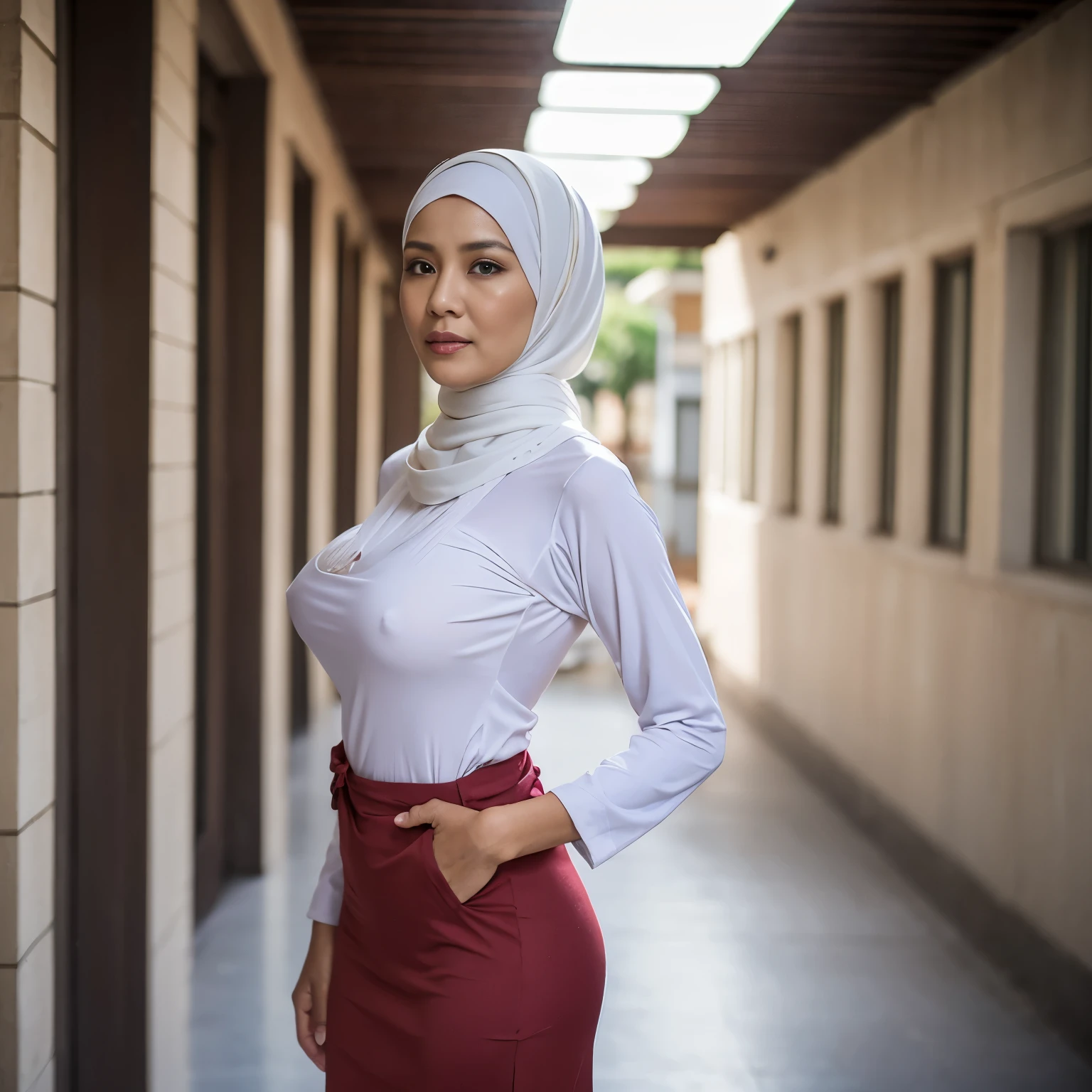 52 Jahre alt, Hijab Indonesische reife Frau, Groß  : 96.9, Langarmshirt, Schlanker Körper, Brust kurz vorm Platzen, im Schulkorridor, helles Licht, tagsüber