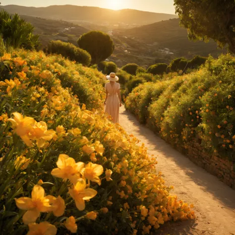 1 girl "Charlize Theron", dentro de um jardim de flores de cerejeiras，e o sol brilhava intensamente，The light from the back wind...