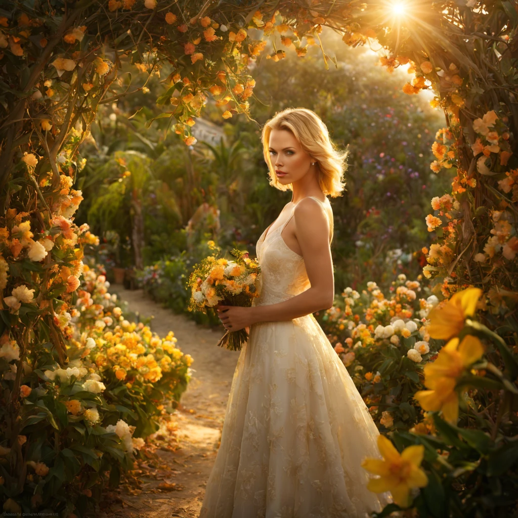 1 chica "Charlize Theron", dentro de um jardim de Flores de cerezo，y el sol brillaba intensamente，La luz de la ventana trasera está retroiluminada., Existe um caminho no meio do mar de Flores de cerezo，hay espacio entre，Allá is a path in the center of the screen，El camino lleva a la distancia.，Casi real y muy virtual.，Flores de cerezo，Allá&#39;un camino en el medio que se aleja，el sol poniente，变得 y el sol brillaba intensamente，rico en detalles，fotorrealista，Realismo，resolución 4K，textura rica，El estilo de pintura es suave.