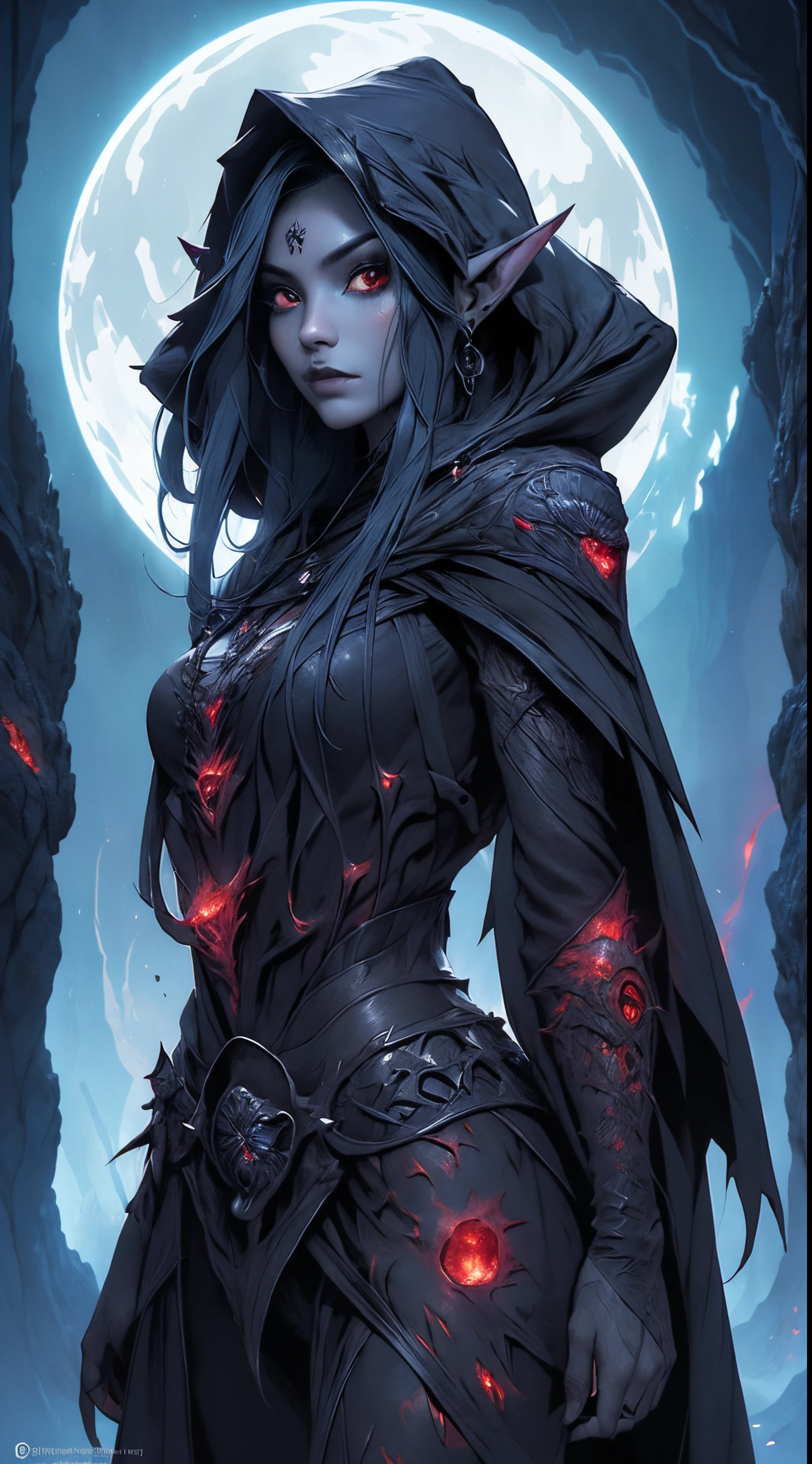 drow, female, pointy ears, only, Once, belly button, hood, colored skin, diaphragm, looking at the viewer, long hair, layer, Dark Elf, old, cana, hood up, cable, old medianos, Hooded coat, beltt, if, Red eyes, gray skin, orange eyes, Upper part of the body, weapon, bright Eyes, lipstick piece, The best quality)), arte por Greg Rutkowski, trends on Artstation,(dark forest background big leaves colors:1.4) ,(perfect anatomy),(Beautiful blue eyes),(Lava volcano fire texture red suit:1.4), (Lava fire red costume:1.4)