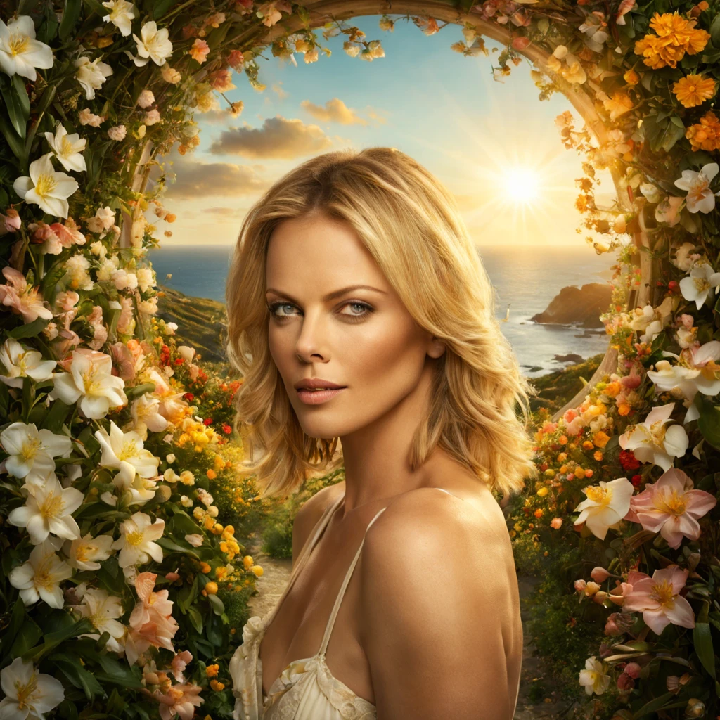 1 girl "Charlize Theron", dentro de um jardim de flores de cerejeiras，e o sol brilhava intensamente，The light from the back window is backlighted, Existe um caminho no meio do mar de flores de cerejeiras，there is space between，There is a path in the center of the screen，The path leads to the distance，Quase real e muito virtual，flores de cerejeiras，There&#39;uma estrada no meio que leva para longe，the setting sun，变得 and the sun shone brightly，rico em detalhes，fotorrealista，Realismo，4K分辨率，textura rica，The painting style is smooth