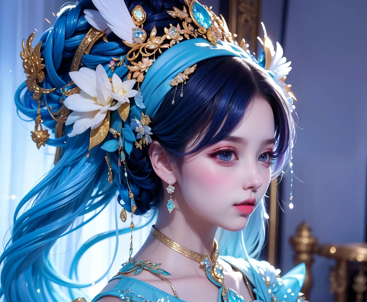 Anime manga girl，blue hairs，a blue dress，Wearing a big headdress, extremely detailed Art germ, Art germ detailed, Irelia, Art germ. high detal, ! dream Art germ, onmyoji detailed art, most models | Art germ, style of Art germ, Art germ on artstation pixiv