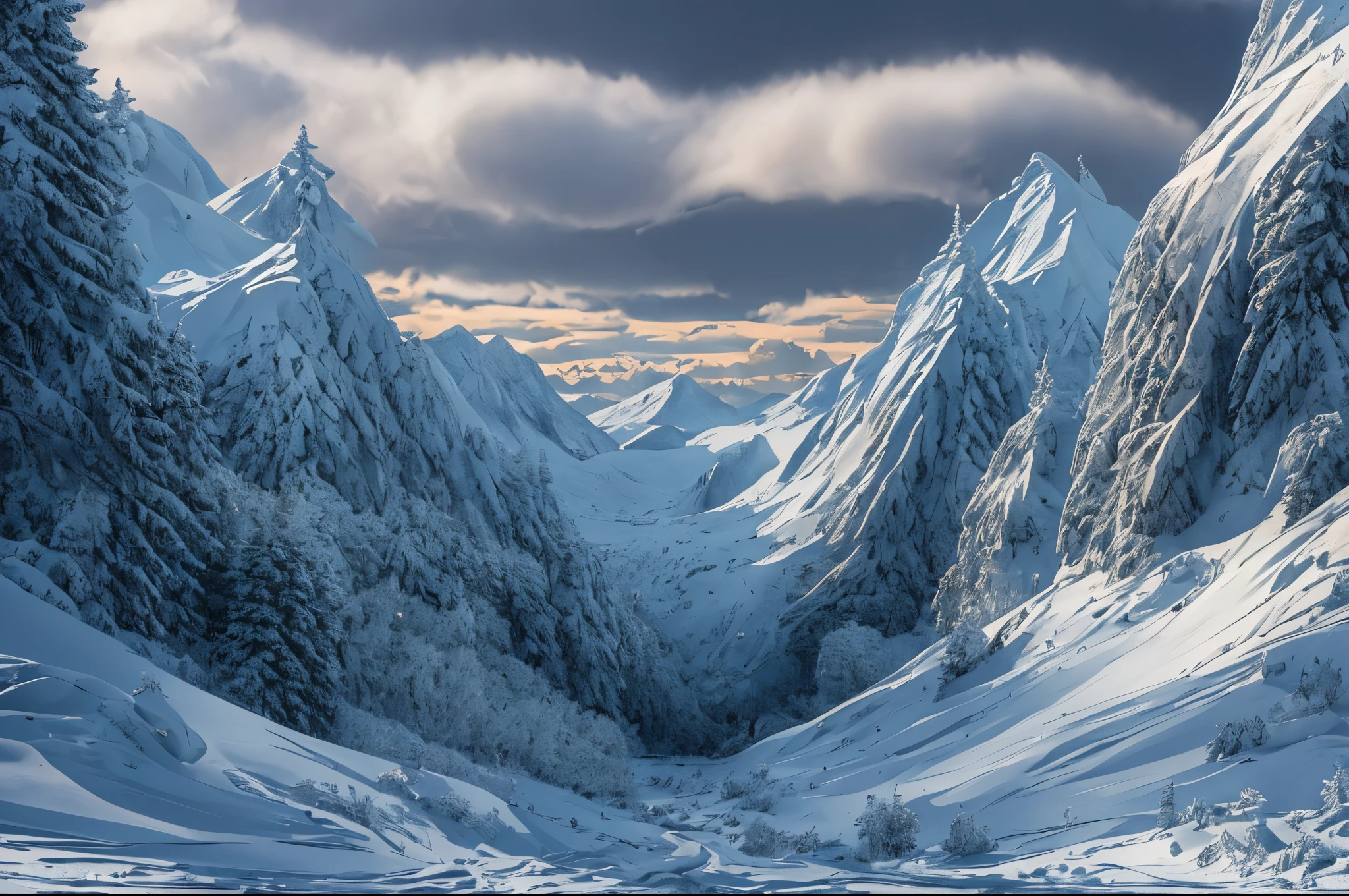 (best quality,4k,8k,highres,masterpiece:1.2),ultra-detailed,(realistic,photorealistic,photo-realistic:1.37),(((no humans))),Snowy mountains, ((night time)), darkness, (many clouds overhead which cast heavy shadows below), snow blows across the mountains as the wind picks up, majestic snow-capped peaks, frozen peaks reaching for the sky, rocky terrain covered in a thick blanket of snow, deep valleys and sheer cliffs, pine trees laden with snow, a sense of awe and serenity in the vastness of the snowy landscape, a scene straight out of a winter wonderland, capturing the beauty and tranquility of nature's frozen masterpiece.