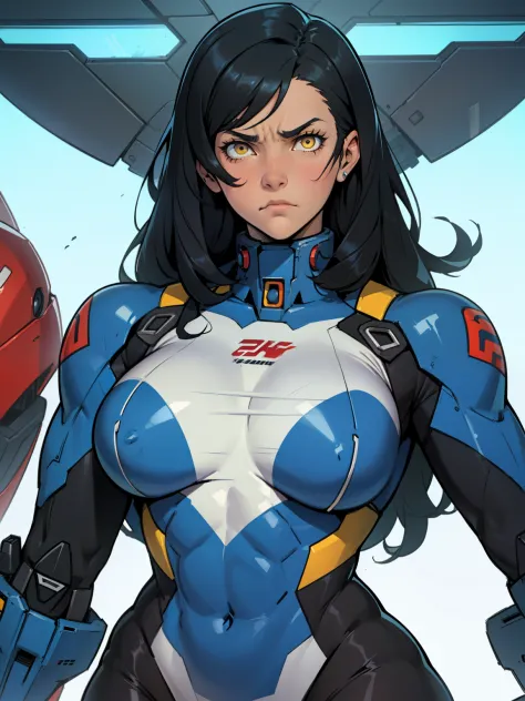 (((muscular girl thick large breasts toned body))) sad frown girl black hair yellow eyes pale skin (mecha mecha mecha mecha mecha mecha mecha) bodysuit