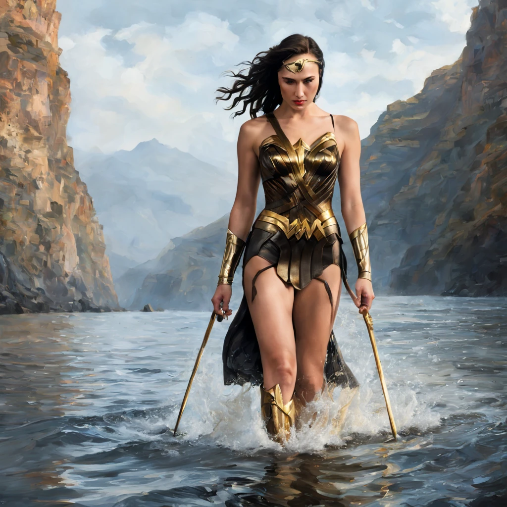 1 girl "Gal Gadot com vestido preto com dourado", numa paisagem, water, (papel de parede 8k de unidade CG extremamente detalhado), obras de arte mais bonitas do mundo, professional majestic oil painting, intrincada, alto detalhe, foco nítido, dramatic and photorealistic painting art