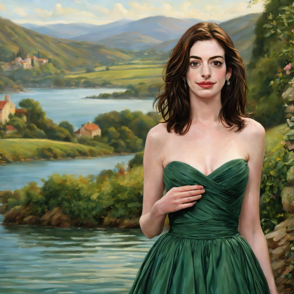 1 girl "Anne Hathaway com vestido verde com listras", numa paisagem, water, (papel de parede 8k de unidade CG extremamente detalhado), obras de arte mais bonitas do mundo, professional majestic oil painting, intrincada, alto detalhe, foco nítido, dramatic and photorealistic painting art