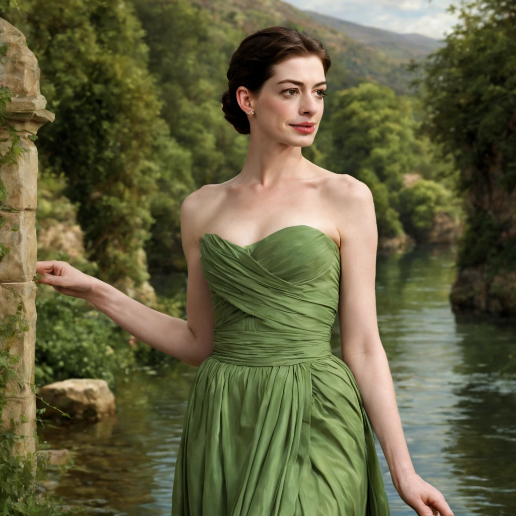 1 girl "Anne Hathaway com vestido verde com listras", numa paisagem, water, (papel de parede 8k de unidade CG extremamente detalhado), obras de arte mais bonitas do mundo, professional majestic oil painting, intrincada, alto detalhe, foco nítido, dramatic and photorealistic painting art