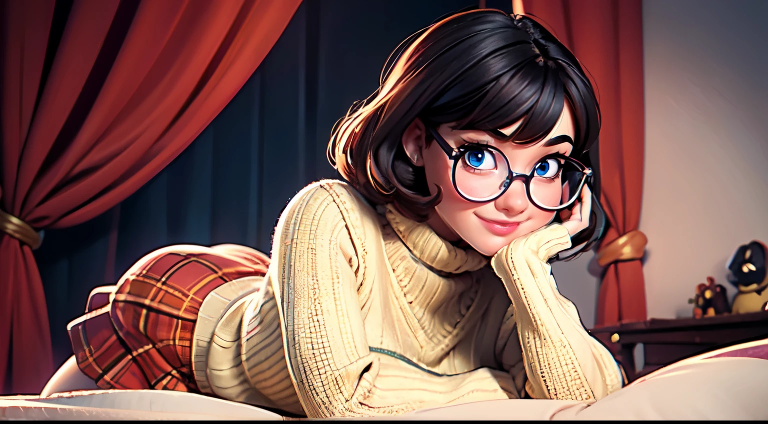 HD, 8k quality, masterpiece, Velma, dream girl, large breasts, beautiful face, blushing, kissing lips, short bob hairstyle, long bangs, perfect makeup, realistic face, detailed eyes, blue eyes, brunette hair, long eyelashes, smiling, spooky bedroom, lying down on bed, thicc body, leaning forward, eyes at viewer, mustard-yellow top, knitted turtle neck sweater, clear lens glasses, cherry-red skirt, schoolgirl skirt, booty, knee high white socks,