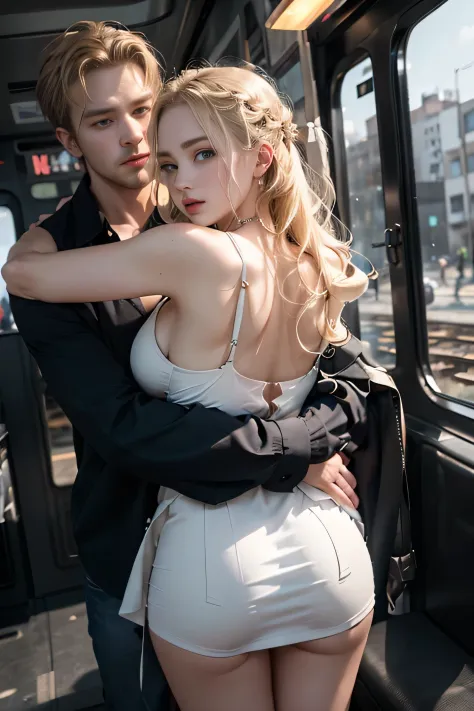 The train crowded several men hugging her from behind.、Talking in her ear,other men picking her up on their lap,picking her up,mini white skirt swinging up, 40k, change, masutepiece, Best Quality, Dark gray background, (1girl blue eyes and blonde hair soon...