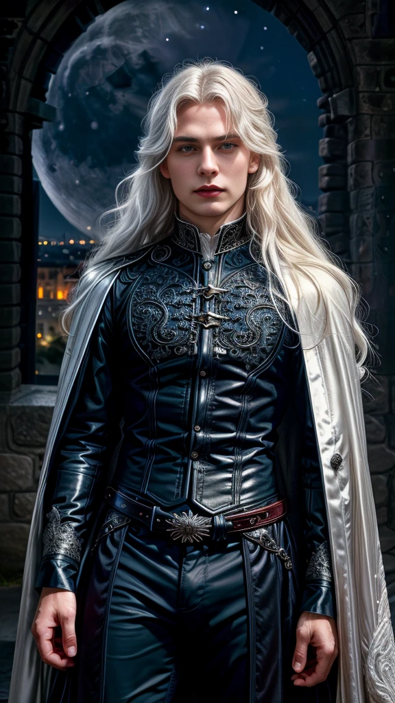 A vampire, with blue eyes, long white hair, clear and shiny skin, hypnotic eyes, magnetic beauty, the most beautiful man in the world, sexy and hot body, 18 years old, wearing Victorian Era men's clothing, in the background castle tower with full moon, clear night, high definition, best contrast, cute gothic vampire, 32k Ultra, Ultra HD, 8k wallpaper, intricate details, studio lighting, 80mm, portrait, shallow depth of field,