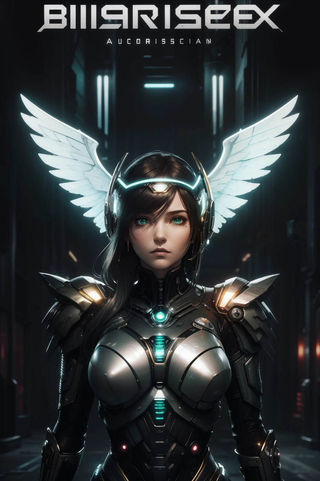 masterpiece, (best quality), (ultra-detailed), (ultra-realistic:1.2), landscape, sci-fi, transistorpunk,  cyberpunk, biopunk, (magazine cover:1.4), (gray, white), female huge robot, visor, earring, mechanical angel wings on the back, angel wings,  future town, dynamic pose, dynamic angle, small breasts, luxury, (gold, silver, green), neon