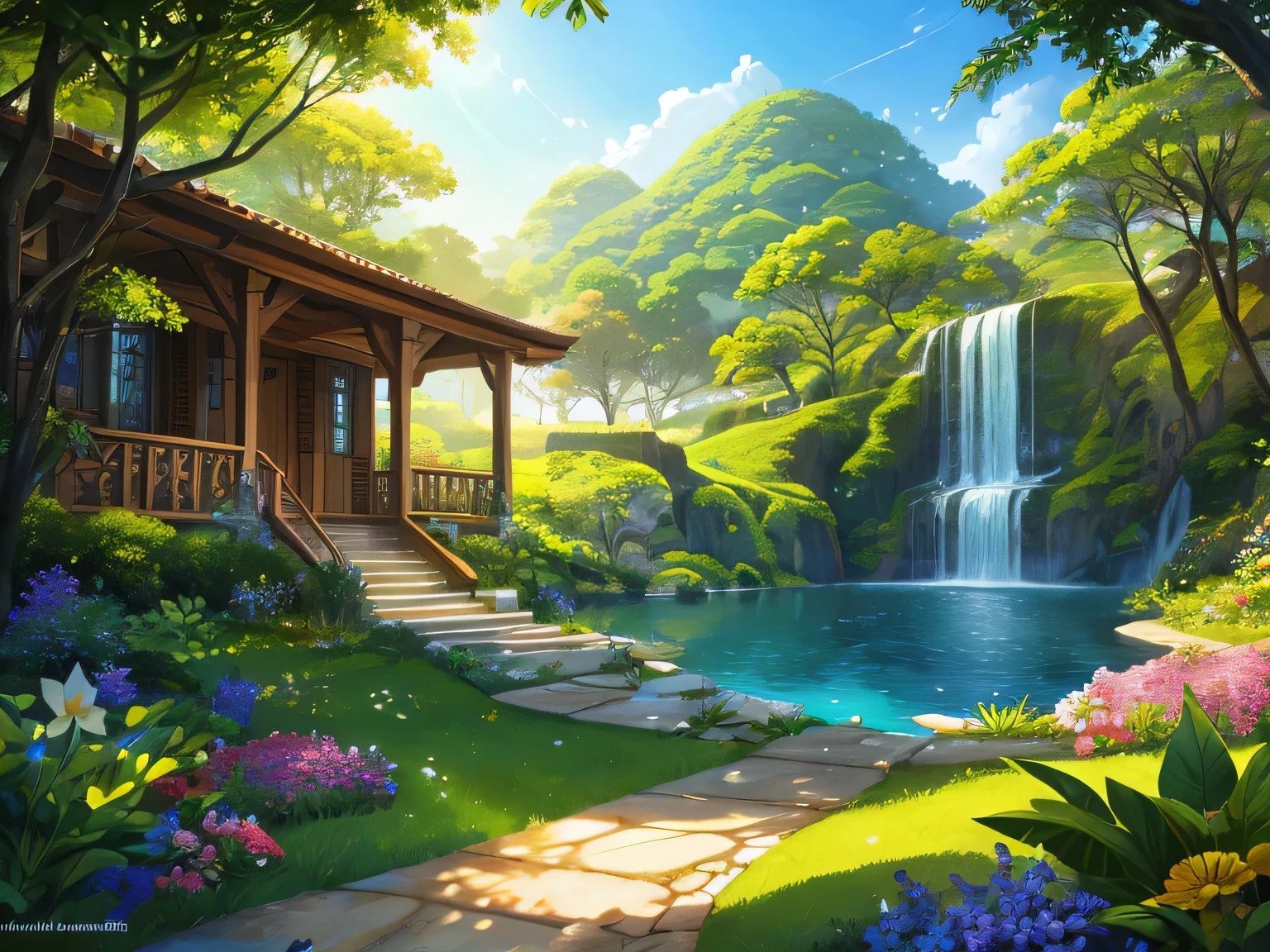 Uma casa futurista de fantasia de dois andares com telhado de vidro e cobre com um pouco de musgo, em um lindo prado com flores silvestres, uma floresta e um rio,  janelas amplas para entrada de luz natural, masterpiece, the landscape is peaceful, arte digital.