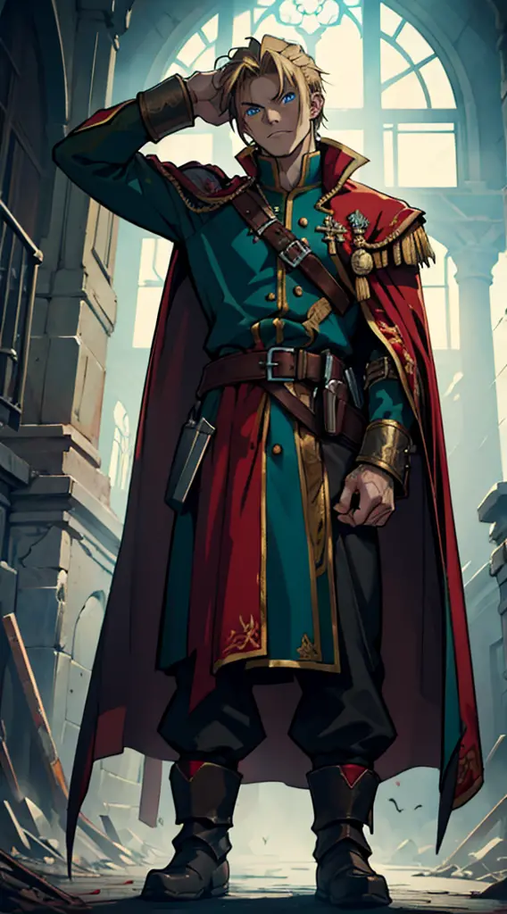 full body, dark green uniform, red-brown cloak, tattered clothes, bloodstained clothes, gritty soldier, dirty, exhausted, noble,...