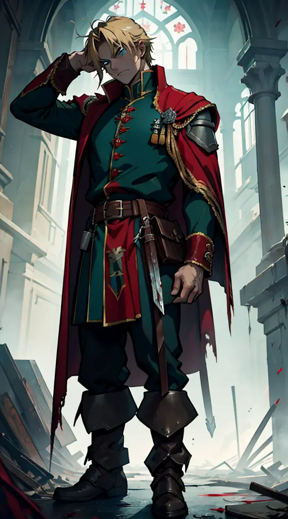 full body, dark green uniform, red-brown cloak, tattered clothes, bloodstained clothes, gritty soldier, dirty, exhausted, noble,...